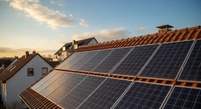 Close-up of photovoltaic solar panels installed on a traditional German Satteldach (gabled roof), blue sky with some clouds