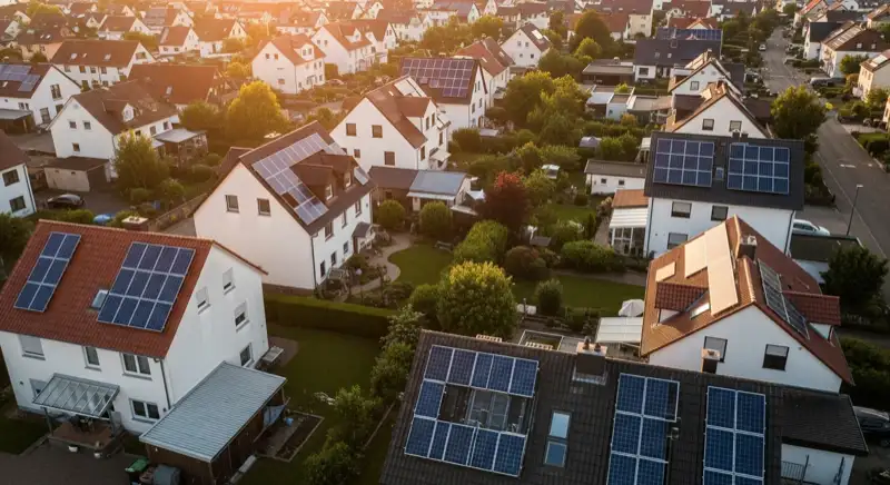 Aerial drone view of typical German residential neighborhood with mixed roof types, red and dark roof tiles, gardens visible, sunny day