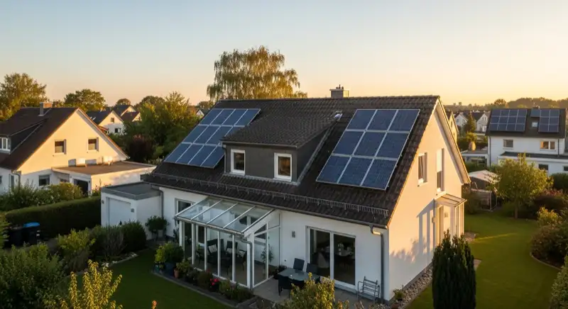 German detached house (Einfamilienhaus) with photovoltaic panels on pitched roof, well-maintained garden, warm afternoon sunlight