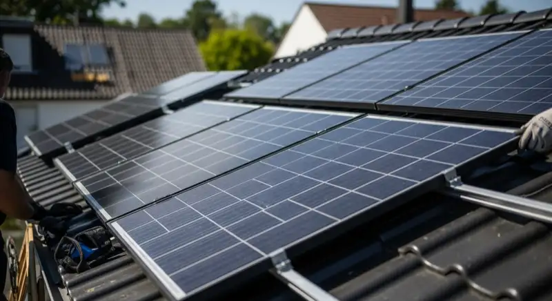 Solarinstallateur bei der Montage von PV-Modulen auf Einfamilienhaus-Dach in Rüsselsheim am Main