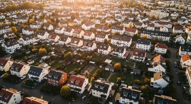 Aerial drone view of typical German residential neighborhood with mixed roof types, red and dark roof tiles, gardens visible, sunny day