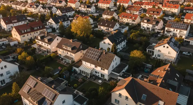 Aerial drone view of typical German residential neighborhood with mixed roof types, red and dark roof tiles, gardens visible, sunny day