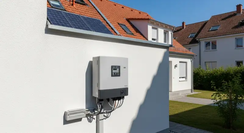 Modern German electrical meter cabinet (Zählerschrank) with smart meter and solar inverter connection, clean technical installation