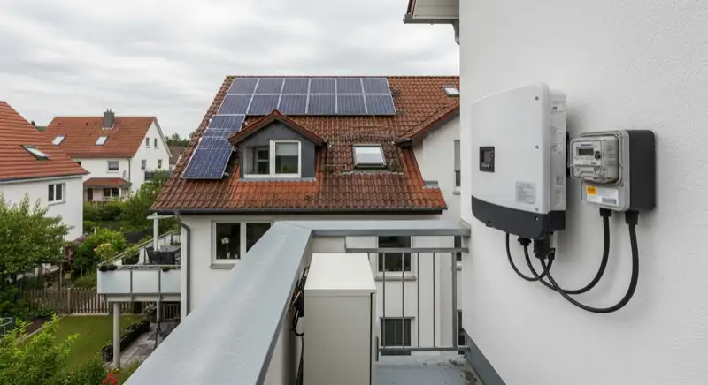 Modern German electrical meter cabinet (Zählerschrank) with smart meter and solar inverter connection, clean technical installation
