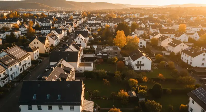 Aerial drone view of typical German residential neighborhood with mixed roof types, red and dark roof tiles, gardens visible, sunny day