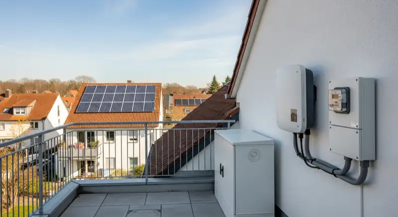 Modern German electrical meter cabinet (Zählerschrank) with smart meter and solar inverter connection, clean technical installation