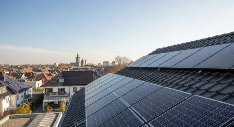 Solarteur installiert PV-Module auf Hausdach in Salzgitter mit Blick auf Stadtsilhouette