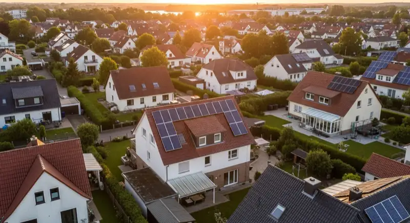 Aerial drone view of typical German residential neighborhood with mixed roof types, red and dark roof tiles, gardens visible, sunny day