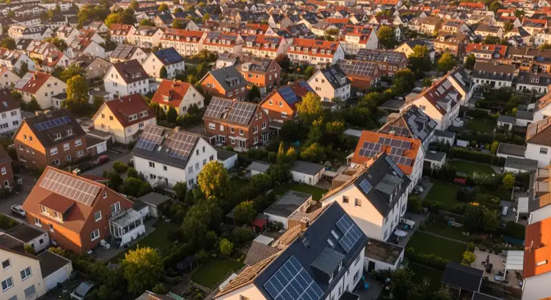 Aerial drone view of typical German residential neighborhood with mixed roof types, red and dark roof tiles, gardens visible, sunny day