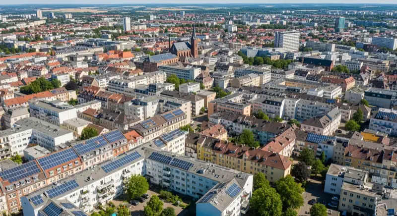 Panoramablick über Salzgitter Stadtgebiet mit zahlreichen Solaranlagen auf Wohn- und Gewerbedächern bei Sonnenschein