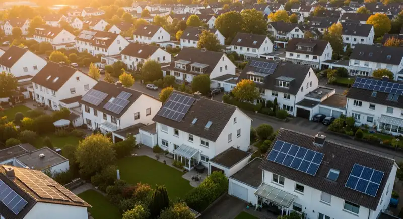 Aerial drone view of typical German residential neighborhood with mixed roof types, red and dark roof tiles, gardens visible, sunny day