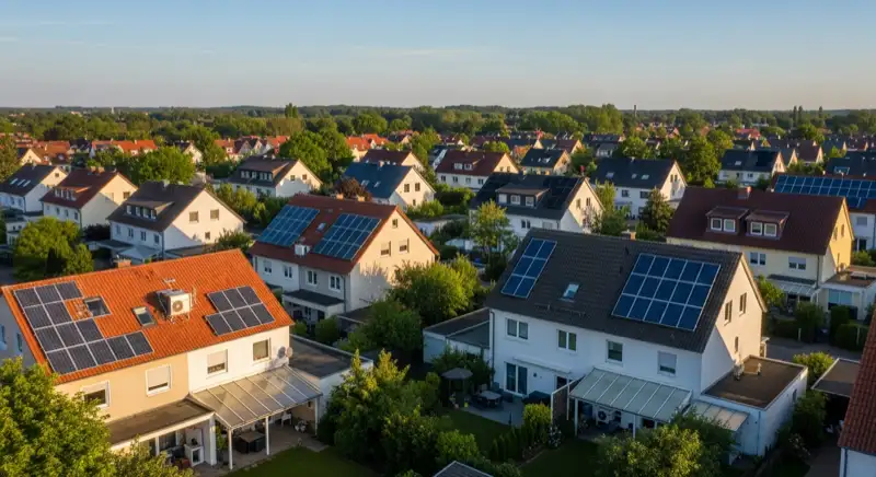 Aerial drone view of typical German residential neighborhood with mixed roof types, red and dark roof tiles, gardens visible, sunny day
