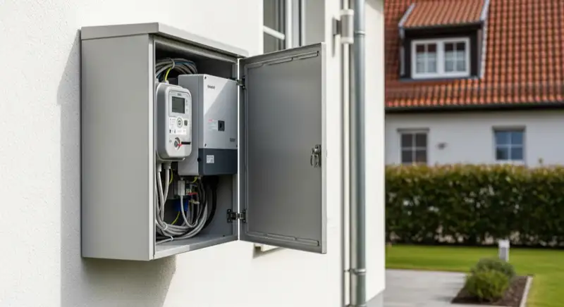 Modern German electrical meter cabinet (Zählerschrank) with smart meter and solar inverter connection, clean technical installation