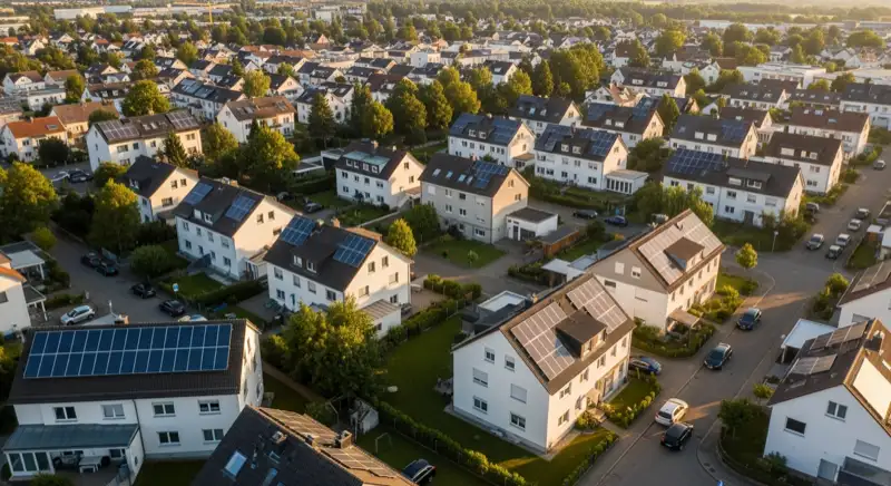 Aerial drone view of typical German residential neighborhood with mixed roof types, red and dark roof tiles, gardens visible, sunny day