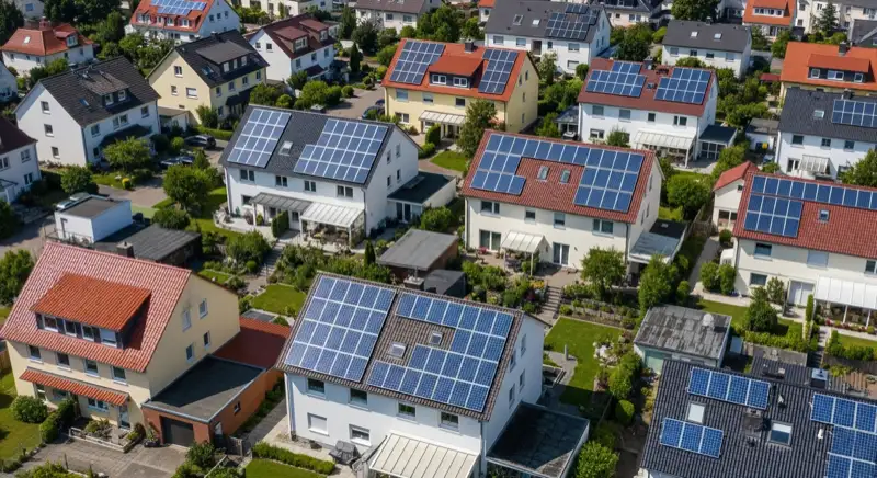 Aerial drone view of typical German residential neighborhood with mixed roof types, red and dark roof tiles, gardens visible, sunny day