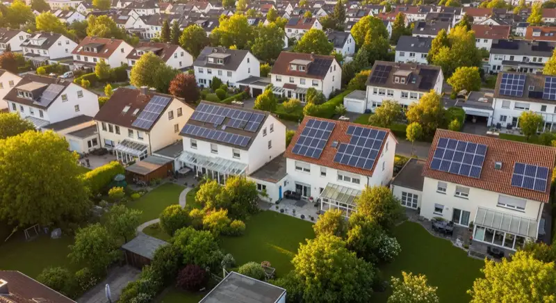 Aerial drone view of typical German residential neighborhood with mixed roof types, red and dark roof tiles, gardens visible, sunny day