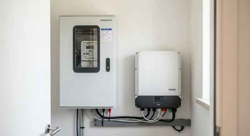 Modern German electrical meter cabinet (Zählerschrank) with smart meter and solar inverter connection, clean technical installation