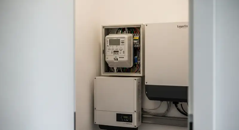 Modern German electrical meter cabinet (Zählerschrank) with smart meter and solar inverter connection, clean technical installation