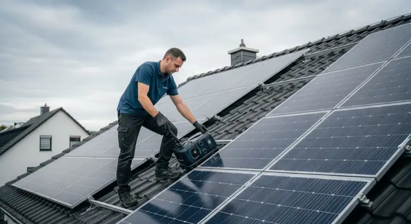 Installateur montiert Solarmodule auf Hausdach in Schwerte