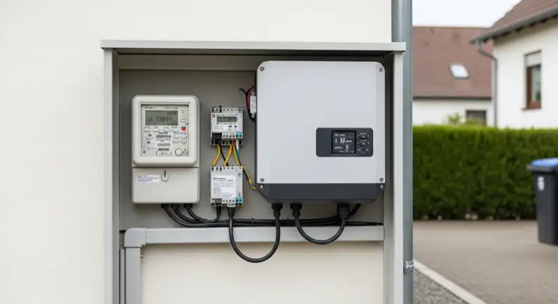 Modern German electrical meter cabinet (Zählerschrank) with smart meter and solar inverter connection, clean technical installation