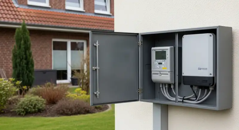 Modern German electrical meter cabinet (Zählerschrank) with smart meter and solar inverter connection, clean technical installation