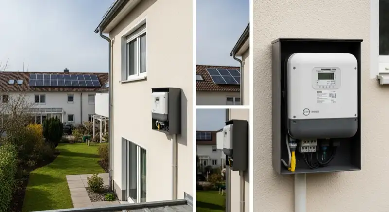 Modern German electrical meter cabinet (Zählerschrank) with smart meter and solar inverter connection, clean technical installation