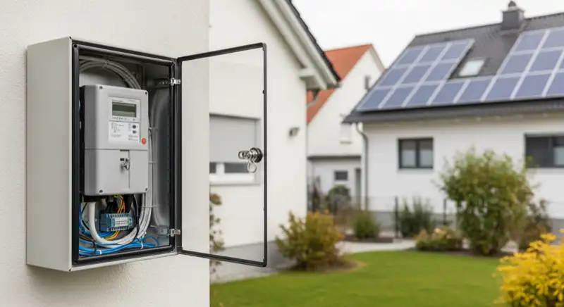Modern German electrical meter cabinet (Zählerschrank) with smart meter and solar inverter connection, clean technical installation