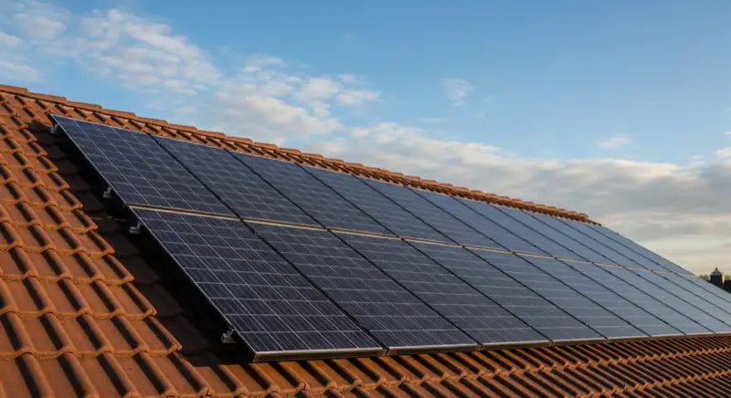 Close-up of photovoltaic solar panels installed on a traditional German Satteldach (gabled roof), blue sky with some clouds