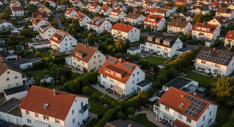 Aerial drone view of typical German residential neighborhood with mixed roof types, red and dark roof tiles, gardens visible, sunny day