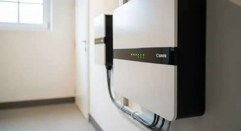 Moderner Batteriespeicher an einer Hauswand montiert, sauber verkabelt mit LED-Anzeige, im Technikraum eines Solingener Einfamilienhauses
