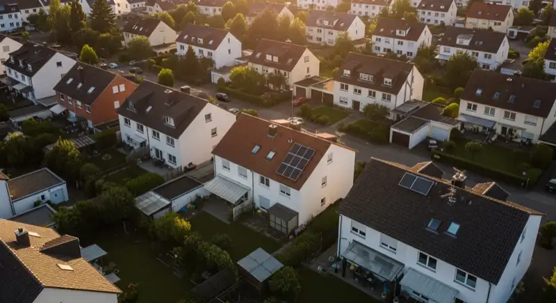 Aerial drone view of typical German residential neighborhood with mixed roof types, red and dark roof tiles, gardens visible, sunny day