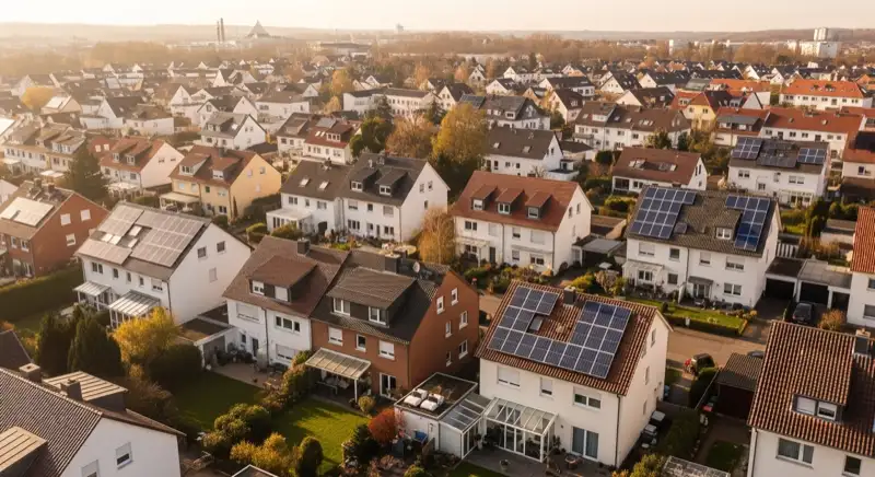 Aerial drone view of typical German residential neighborhood with mixed roof types, red and dark roof tiles, gardens visible, sunny day