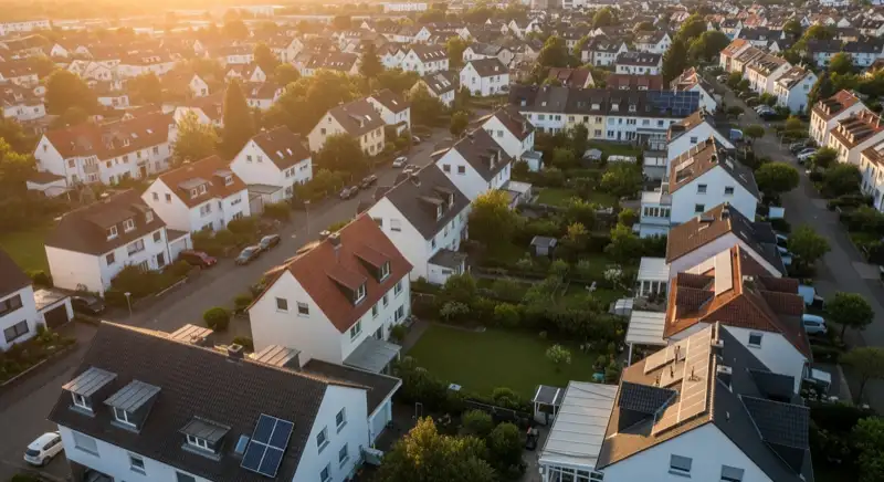 Aerial drone view of typical German residential neighborhood with mixed roof types, red and dark roof tiles, gardens visible, sunny day