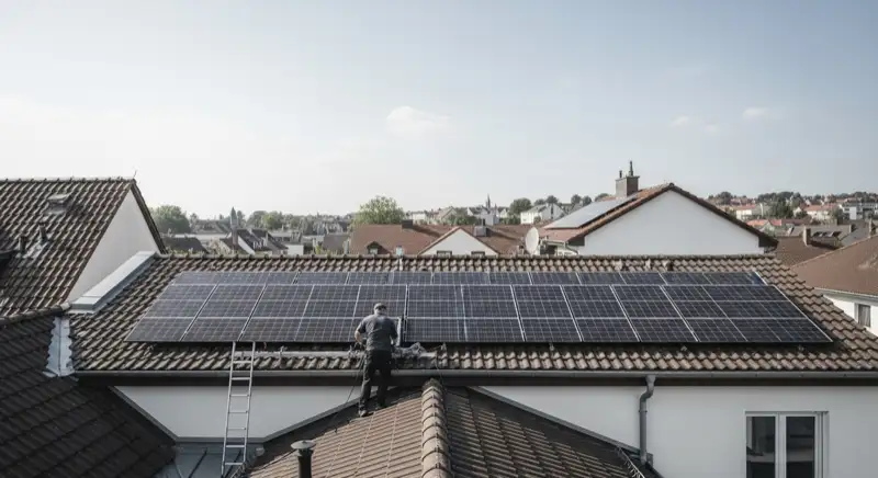Installateur bei der Wartung einer Solaranlage auf einem Hausdach in Speyer