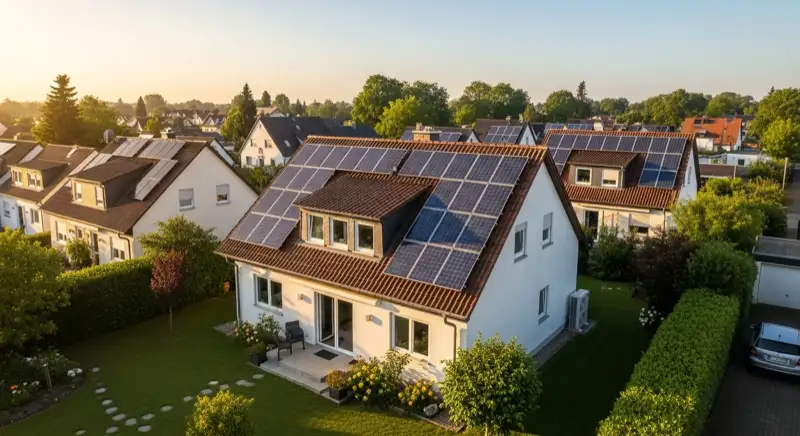 German detached house (Einfamilienhaus) with photovoltaic panels on pitched roof, well-maintained garden, warm afternoon sunlight