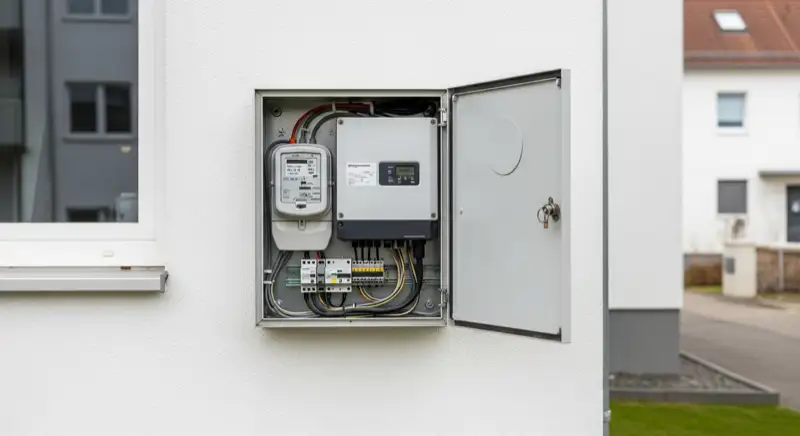 Modern German electrical meter cabinet (Zählerschrank) with smart meter and solar inverter connection, clean technical installation