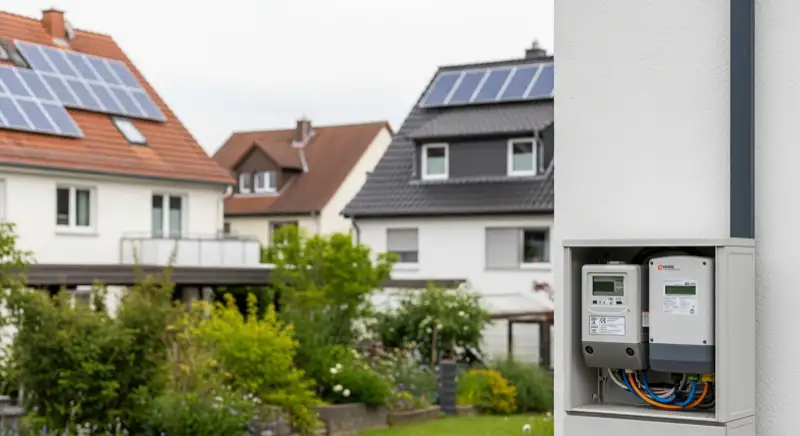 Modern German electrical meter cabinet (Zählerschrank) with smart meter and solar inverter connection, clean technical installation