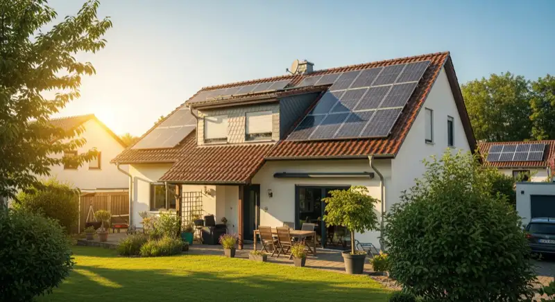 Einfamilienhaus mit Solaranlage auf Satteldach in Speyer bei Sonnenschein