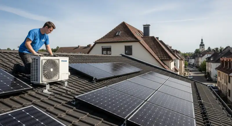 Solartechniker bei Wartungsarbeiten an PV-Anlage auf Dach in Speyer