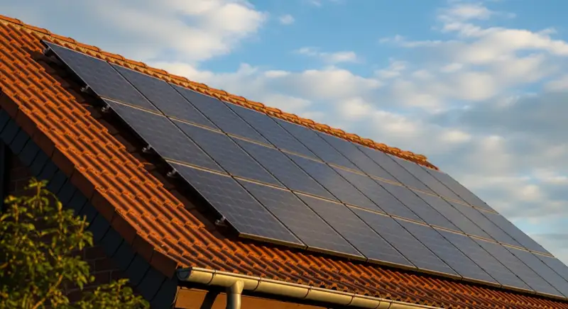 Close-up of photovoltaic solar panels installed on a traditional German Satteldach (gabled roof), blue sky with some clouds