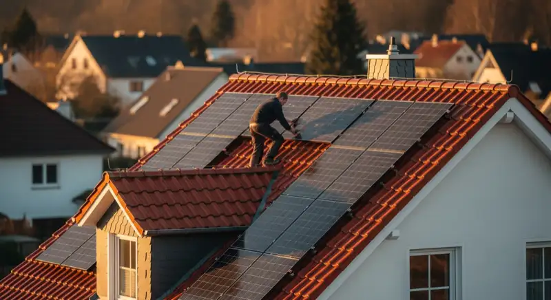 Solarteur prüft ein Sattel- oder Walmdach an einem Einfamilienhaus in Röxe bei Stendal