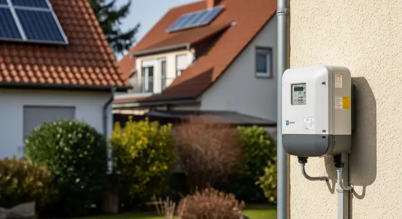 Modern German electrical meter cabinet (Zählerschrank) with smart meter and solar inverter connection, clean technical installation