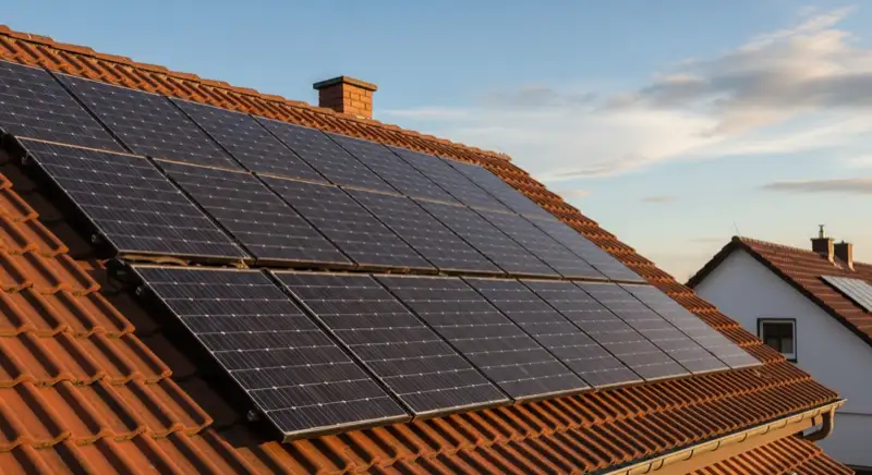 Close-up of photovoltaic solar panels installed on a traditional German Satteldach (gabled roof), blue sky with some clouds