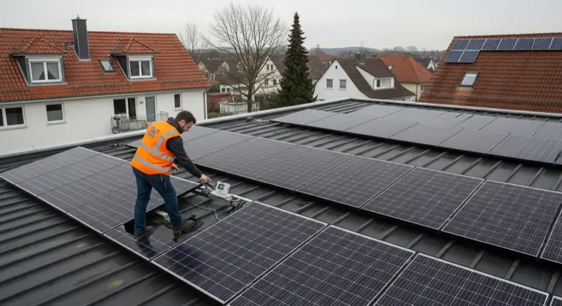 Installateur prüft eine Photovoltaikanlage auf einem Satteldach in Stendal