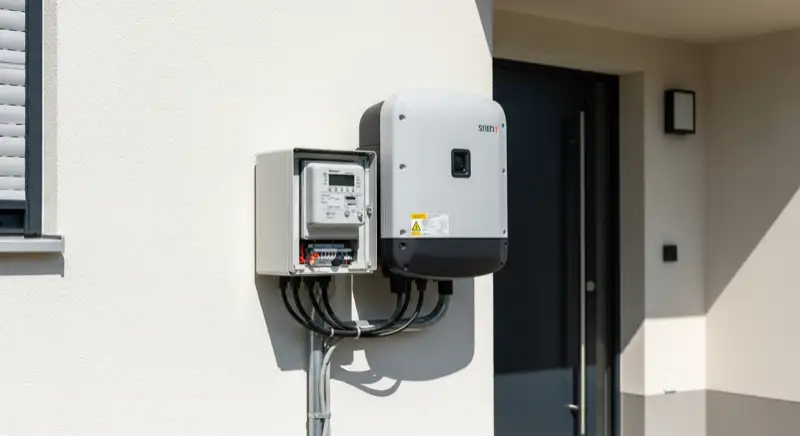Modern German electrical meter cabinet (Zählerschrank) with smart meter and solar inverter connection, clean technical installation