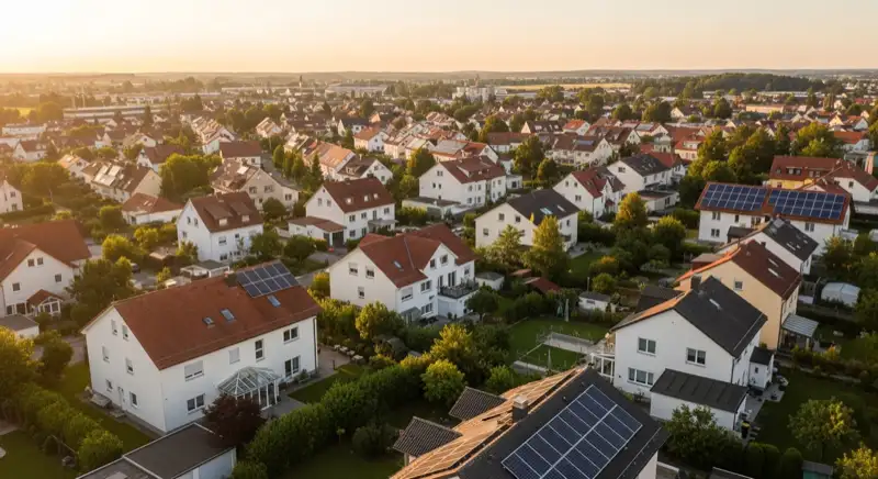 Aerial drone view of typical German residential neighborhood with mixed roof types, red and dark roof tiles, gardens visible, sunny day