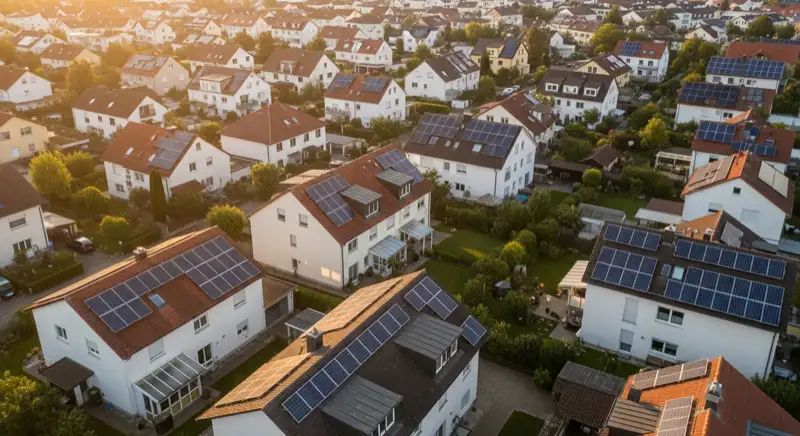 Aerial drone view of typical German residential neighborhood with mixed roof types, red and dark roof tiles, gardens visible, sunny day