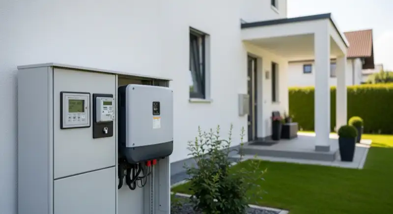 Modern German electrical meter cabinet (Zählerschrank) with smart meter and solar inverter connection, clean technical installation