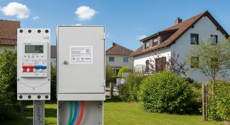 Modern German electrical meter cabinet (Zählerschrank) with smart meter and solar inverter connection, clean technical installation