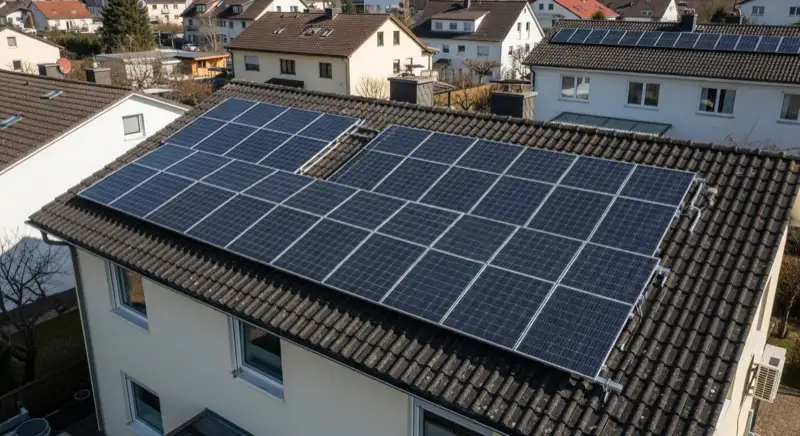 PV-Installation auf Stuttgarter Wohnhaus mit Monteuren auf dem Dach